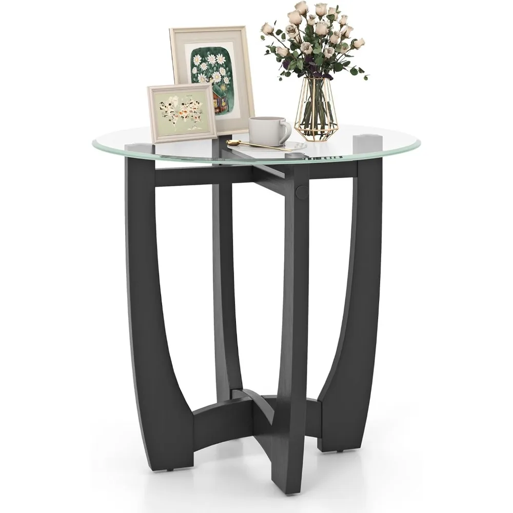 

Glass End Table, Round Side Table with Rubber Wood Frame & Tempered Glass Top, 23.5" Small Black Coffee Table, Modern Glass