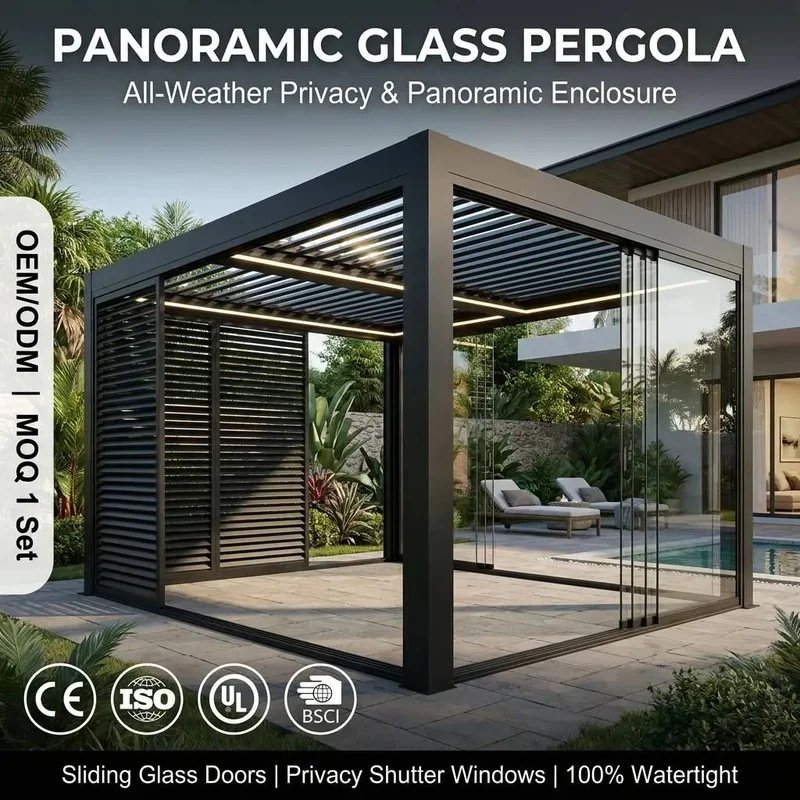 Luxury Aluminum Bioclimatic Pergola Sliding Glass Privacy Shutter High-End Residential Balcony Garden