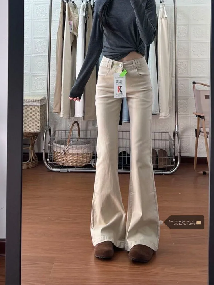

American Washed High Waist Bell Bottom Khaki Jeans Women's Summer New Small Size Fat MM Floor-Length Pants Straight Leg