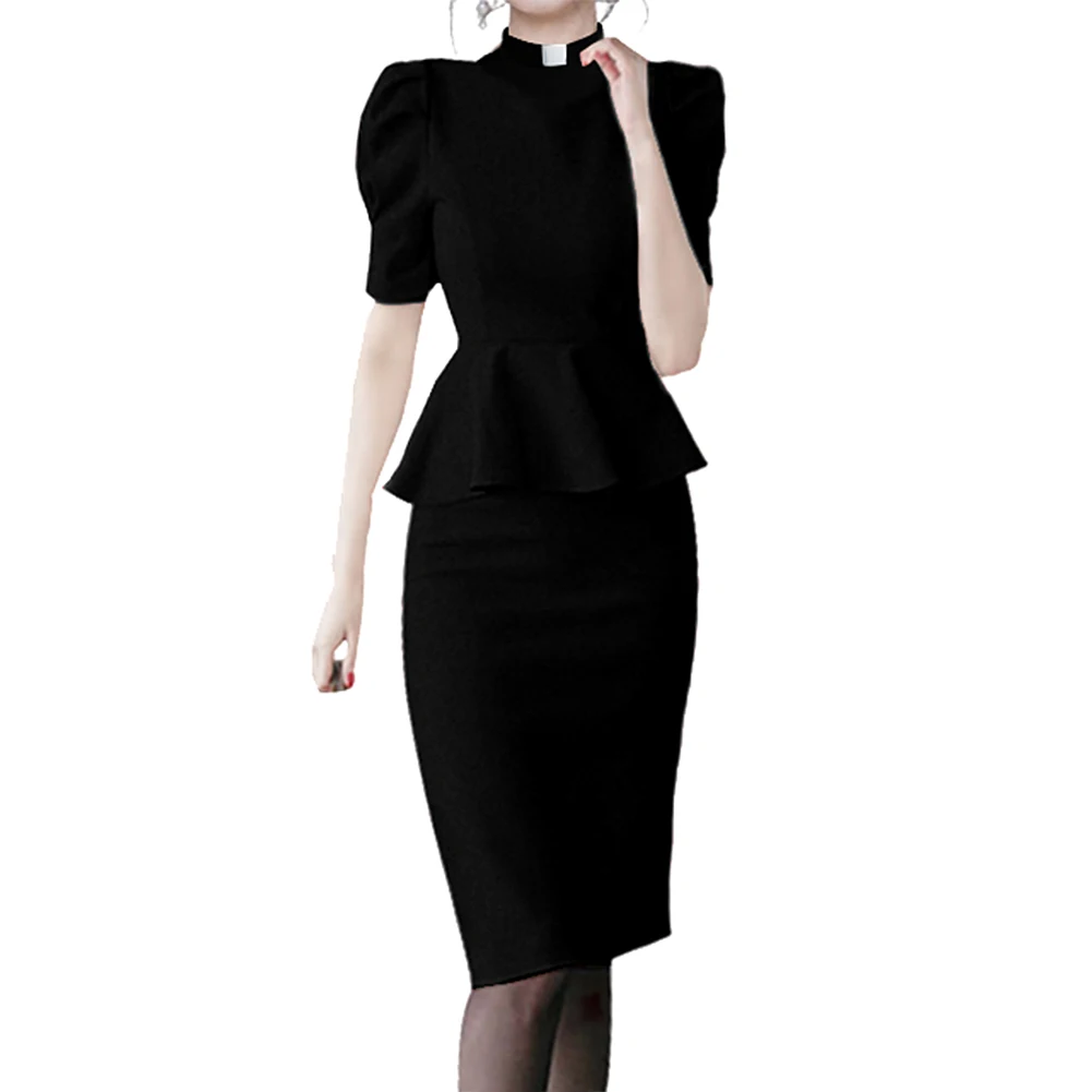 Women Clergy Dress Priest Tab Collar Puff Sleeve Elegant Black Catholic Church Dress