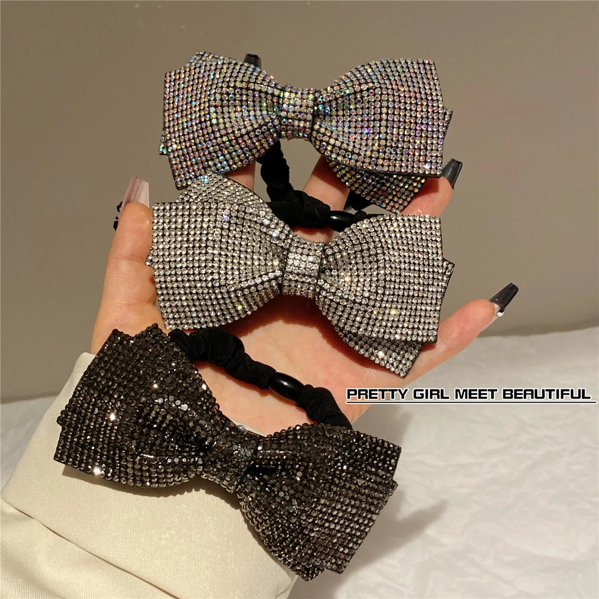 Sparkling Colorful Silver Bow accessori per capelli da donna fasce elastiche per capelli Barrettes Luxury Fantasy strass Bow Knot Hair Ties