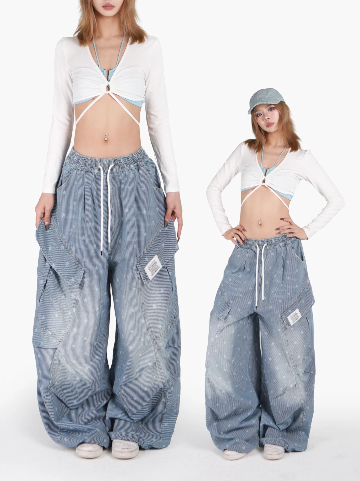 POOKIE American Retro Star Pattern Light Blue Denim Pants Women's Jazz Dancing Loose Straight Leg Wide Leg Pants