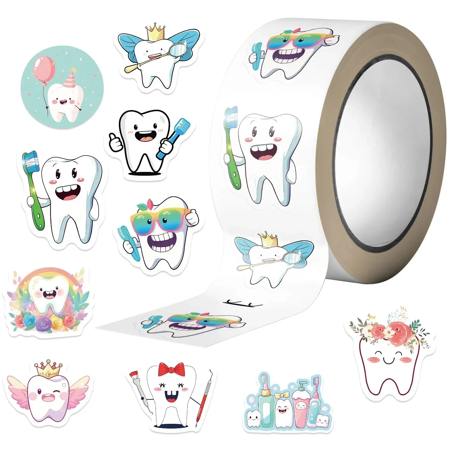 500pcs/Roll Tooth Shape Label Stickers Round For Dentist Cartoon Teeth Protect Sticker Decoration Dentistry Kids Reward Gift Toy