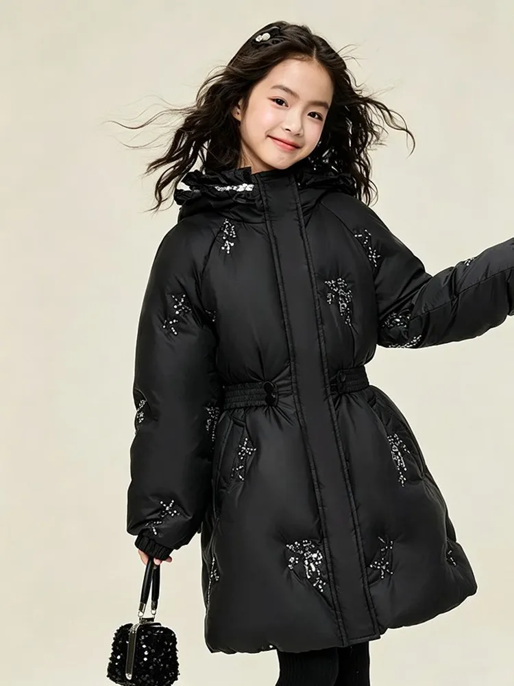 Mädchen Weiße Daunenjacke mit Pailletten und Stickerei, Kapuze, Tailliert, Mittellanger Mantel, Kinder Winter Winddichte Warme Oberbekleidung A5103 – Detail 8