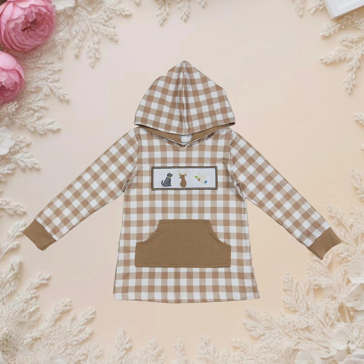 

New Cute Toddler Boys Hoodies Plaid Animal Embroidery Dogs Deer Ducks Western Hunting Pocket Casual Spring Fall Fashion Trendy
