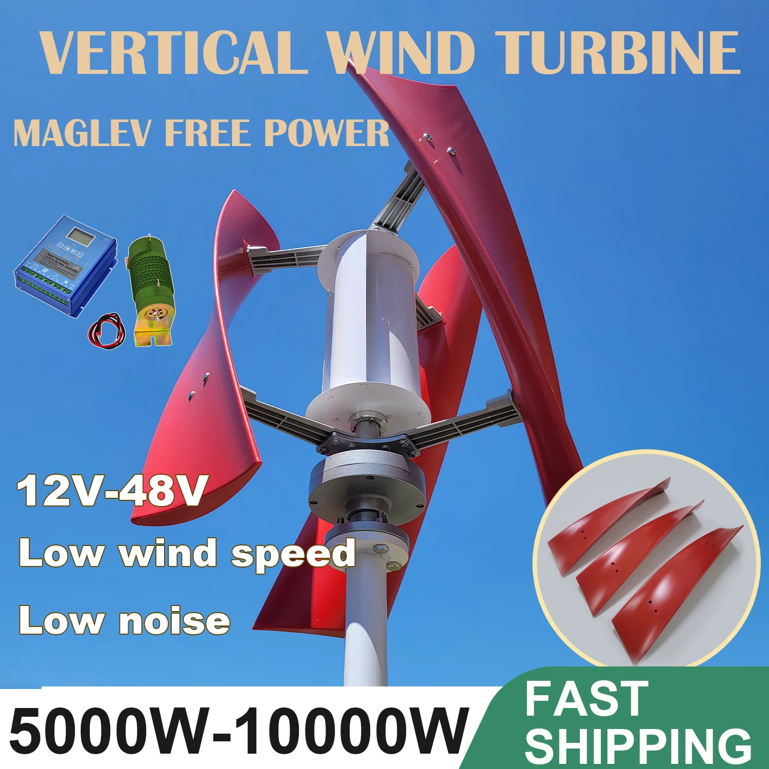 

Residential Wind Turbine Vetical Axis 3 Blades 5000W 8000W 10000W 12V 24V 48V Low Start-Up Wind Speed With Controller
