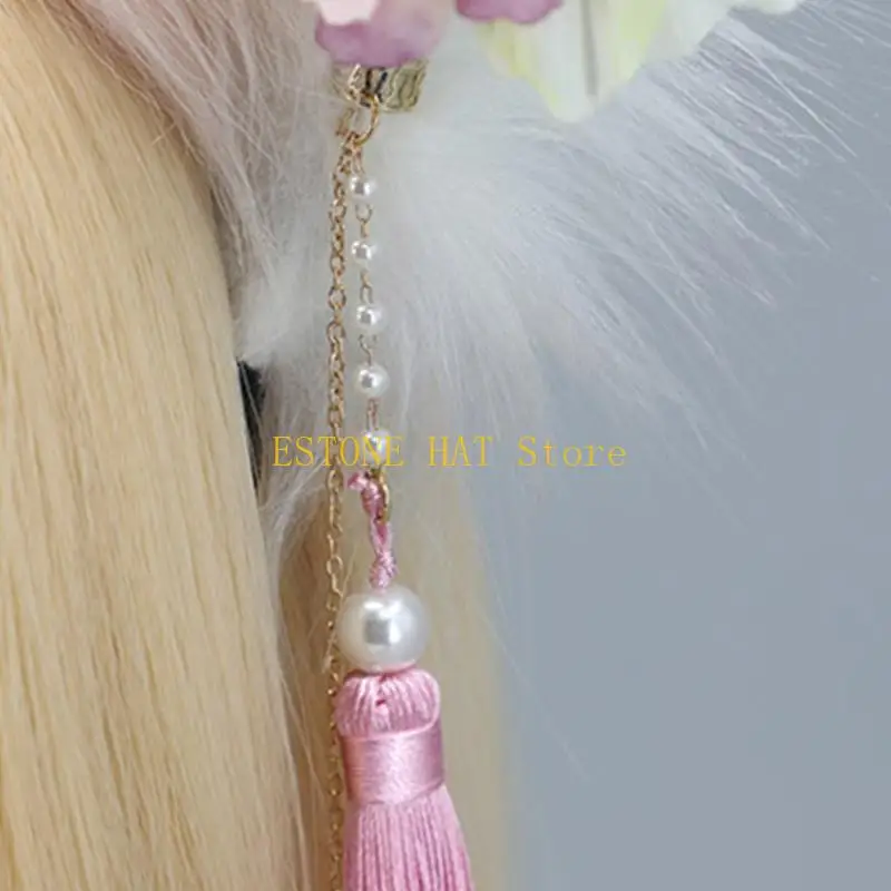 49MF Cartoon Ear Hair Hoop with Flower Tassel Decors Hair Holder Cosplay Party Headwear for Teenagers Adult