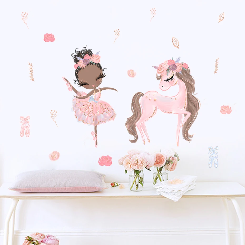 Cartoon White Ballerina Girl Swan Flower Wall Stickers for Kids Room Baby Girls Room Decoration Wall Decals Room Interior