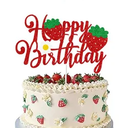 1 PC Strawberry Happy Birthday Cake Topper Decorative Sign,Red Glitter Party Decoration Props ,Birthday Party Cake Supplies.