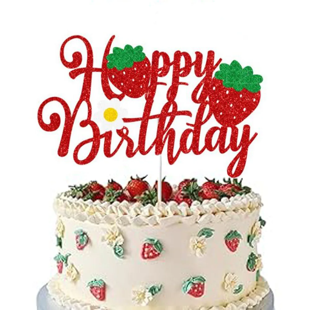 1 PC Strawberry Happy Birthday Cake Topper Dekoracyjny znak, czerwony brokat Dekoracja imprezowa Rekwizyty, przyjęcie urodzinowe Tort Supplies.