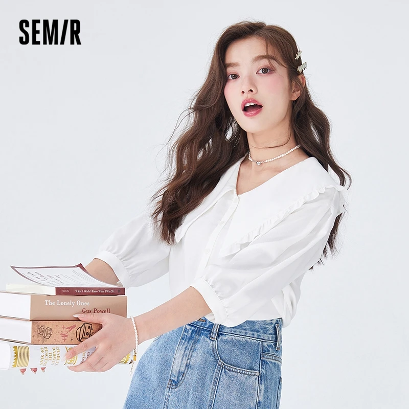 Semir Women Shirt Middle-sleeve Shirt Autumn New Easy-care White Gentle Stringy Selvedge Large Lapel Collar Clothes Shirt