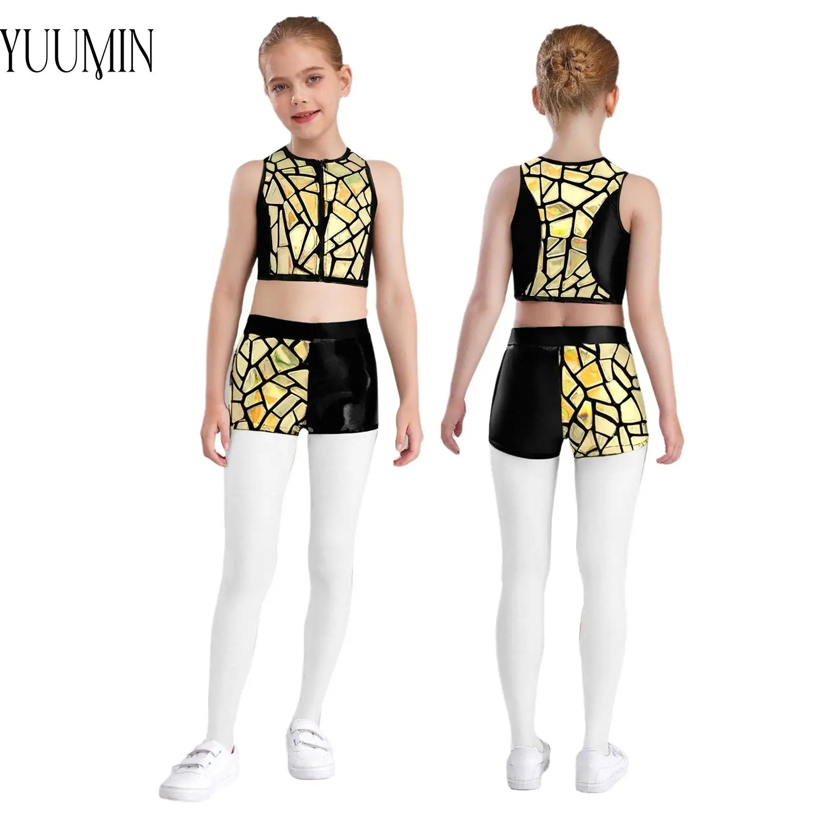 

Children Kids Girls Ballet Dance Performance Costume Fashion Sleeveless Shiny Sequins Vest with Shorts Gymnastics Dance Outfits