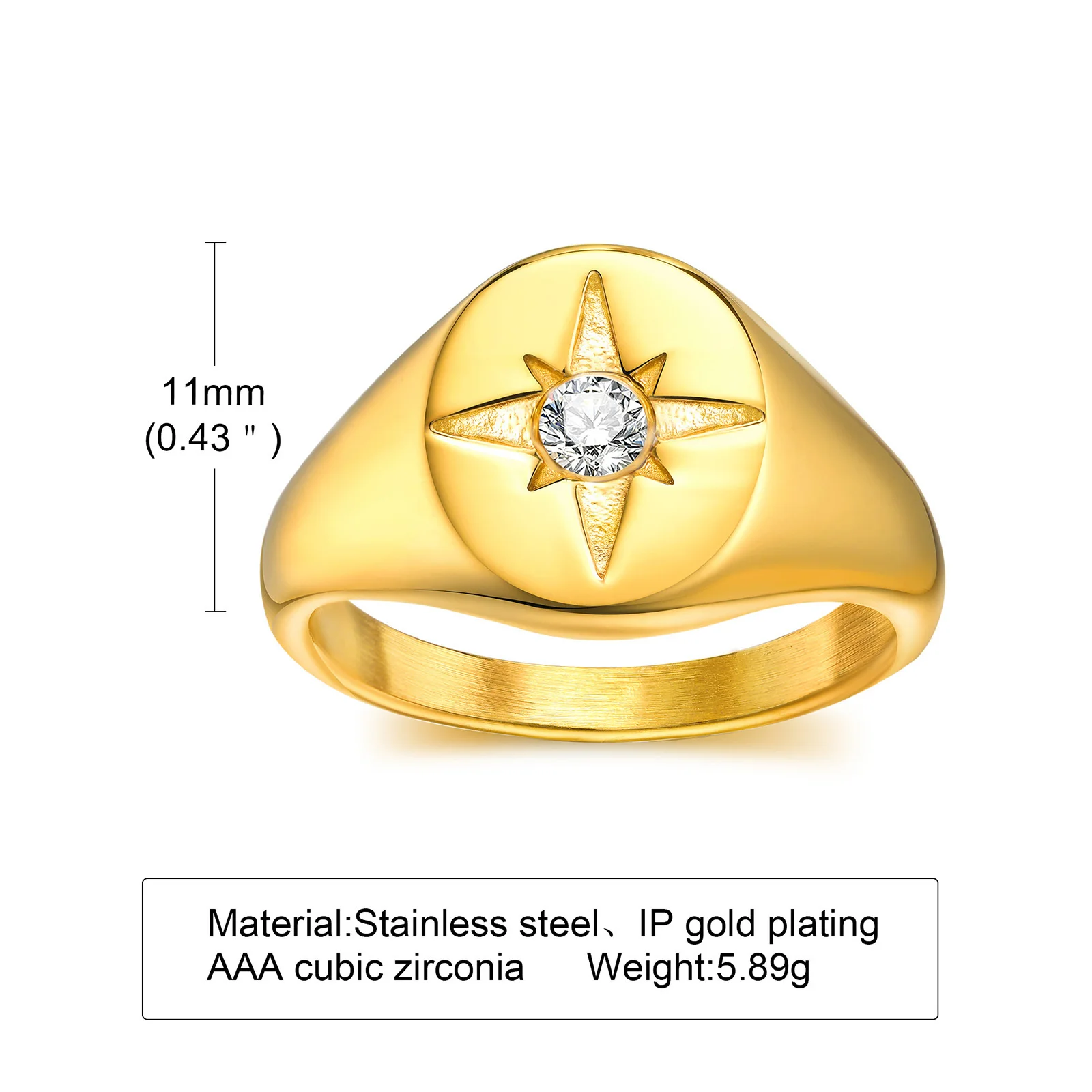 Women Star Signet Rings, Gold Color Solid Stainless Steel Round Top Finger Band, AAA CZ Stone Star Girl Anel