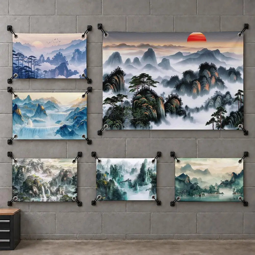 Chinese Ink Landscape Art Flags Custom Wall Hanging Background Art Banner For Bedroom Home Living Room Outdoor Decor