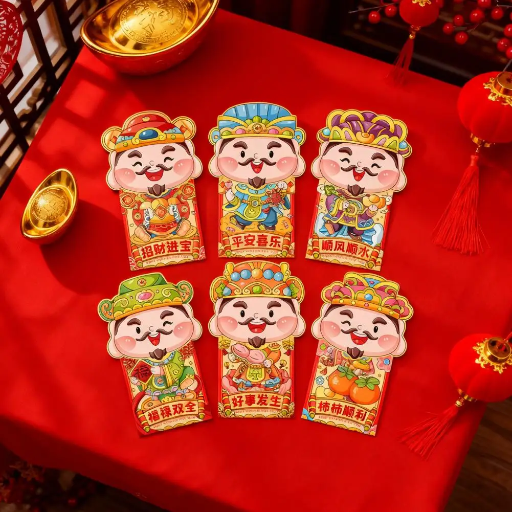 3d God of Wealth Design 6 Pcs Chinese New Year Envelopes Set Cartoon God of Wealth Lucky Money Packets Spring Festival for Gifts