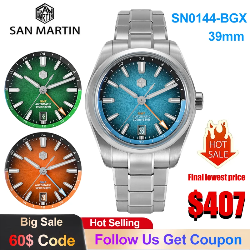 

Мужские автоматические механические часы San Martin SN0144 New 39mm с эмалевым циферблатом JianZhan GMT, механизм Miyota 9075, класса люкс, Gada