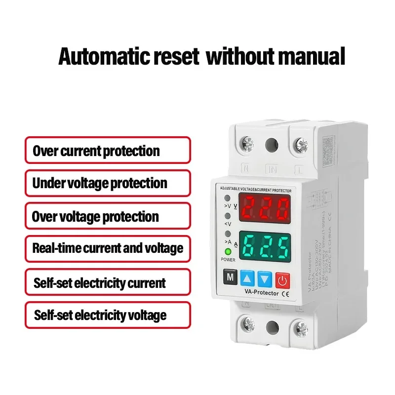 Dual Power Circuit Breaker Din Rail 63A Adjustable Over and Under Voltage Protection Smart Current Limit Surge Protector Relay