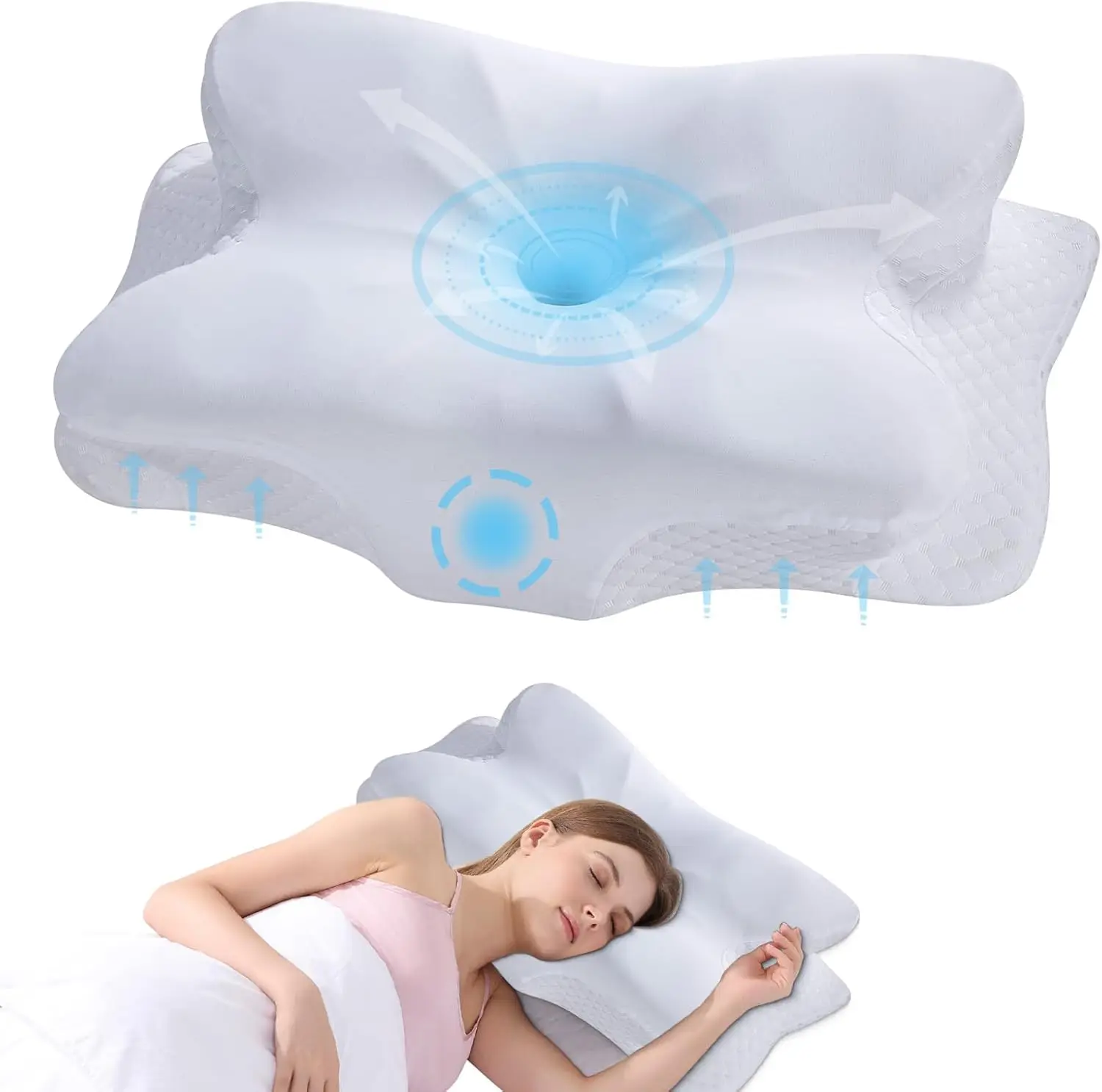 

Cervical Neck Pillow - Memory Foam for Support & Pain Relief, Ergonomic Contour Pillow, Cooling Ice Silk Washable Cover