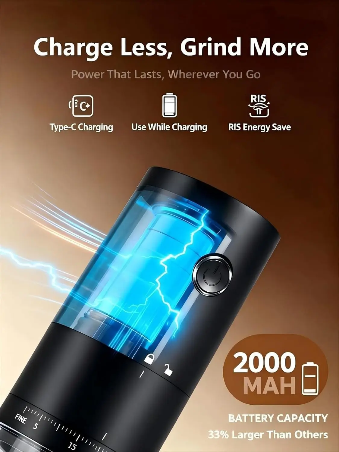 Burr Coffee Grinder Portable Electric Cordless Rechargeable 38 Settings for Espresso French Press Travel Compact 2000 mAh