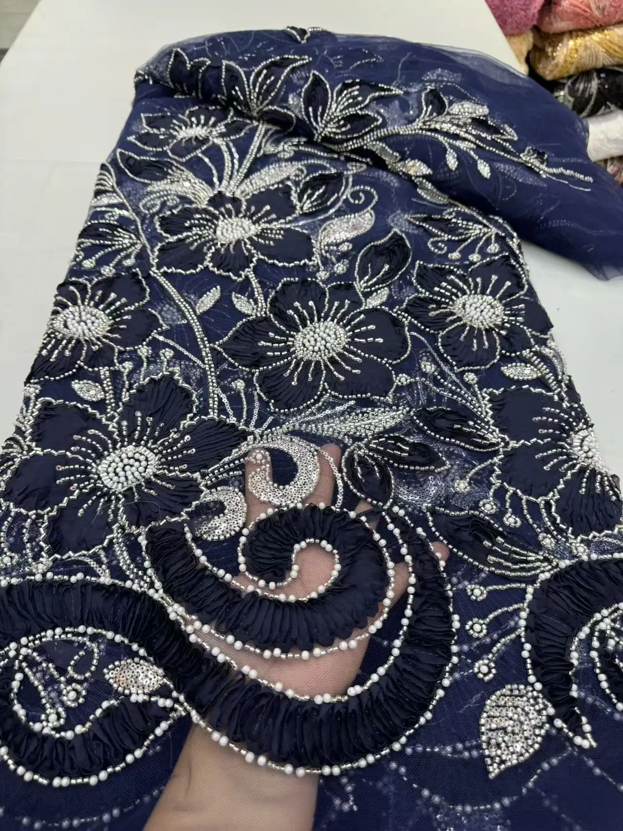 

Nigerian Sequins Tulle Lace Fabric High-Quality Embroidery African Net Cloth for Prom Dresses Beads 5 Yards 2025 JY487