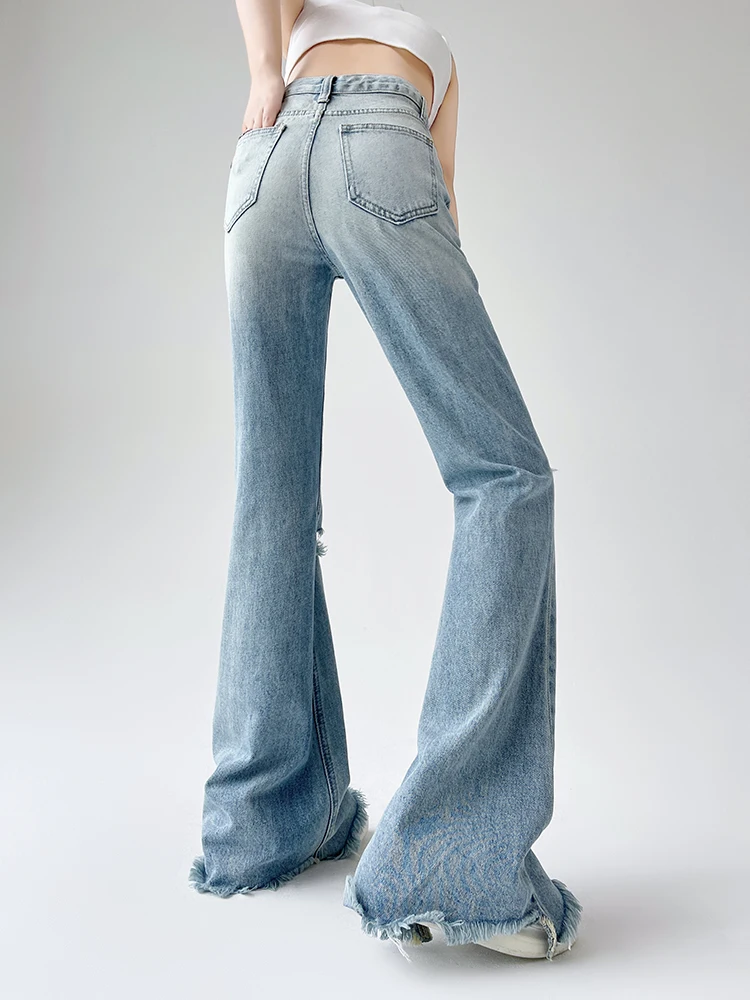 Vintage Light Blue Washed Holes Ripped Tassel Jeans Women Slim-Fit Flare Pants High Waist Trousers Y2K Streetwear Denim Pants