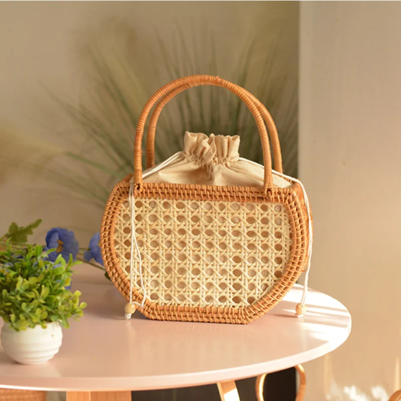 

2025 Women Fashion Leisure Pure Handmade Rattan Basket Bag Hollow Out Hand-woven Handbags Lady New Trendy Beach Bag Tote