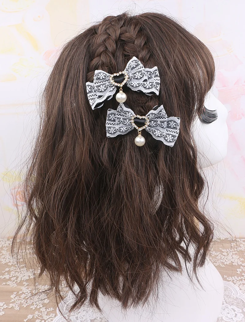 Kawaii Lolita Barrettes Jirai Ke Headdress Two Pieces Sweet Cute Japanese Lace Bow Hairpin Side Clip Akcesoria do włosów dla kobiet — zdjęcie 2