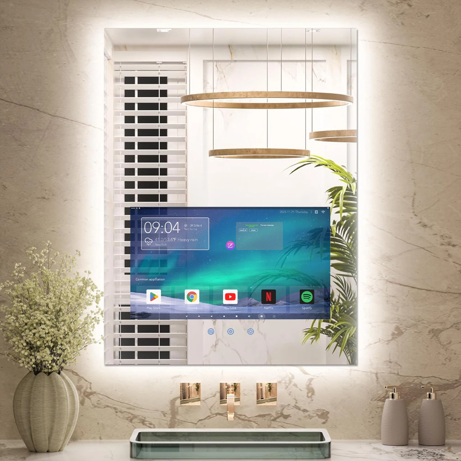 

Smart Bathroom Makeup Mirror with Touch Screen TV, Light Emitting Diode, Anti-Fogging, Wi-Fi and Bluetooth
