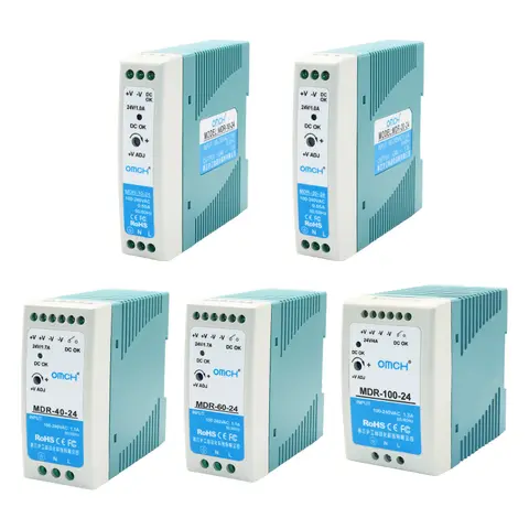 OMCH MDR 10W 20W 40W 60W 100W Mini Din rail Switching Power Supply 100-240VAC to DC 5V/12V/24V/48V Single Output Adjustable SMPS