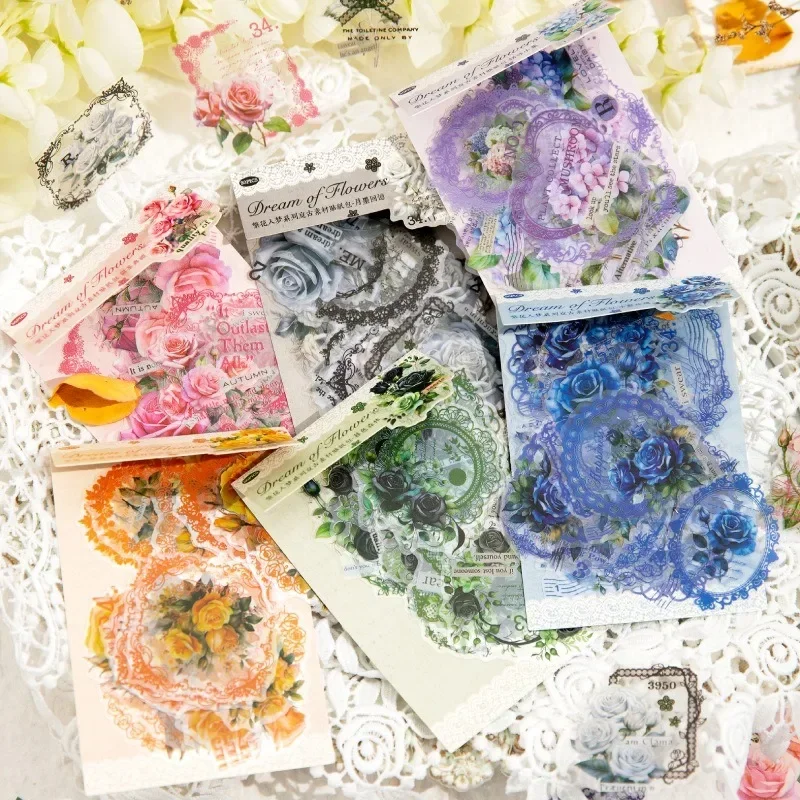 

30Pcs PET Sticker pack Flowers into Dream Retro flower Ice Blue Roses handbook materials Scrapbook Cut 157*88MM Stationery