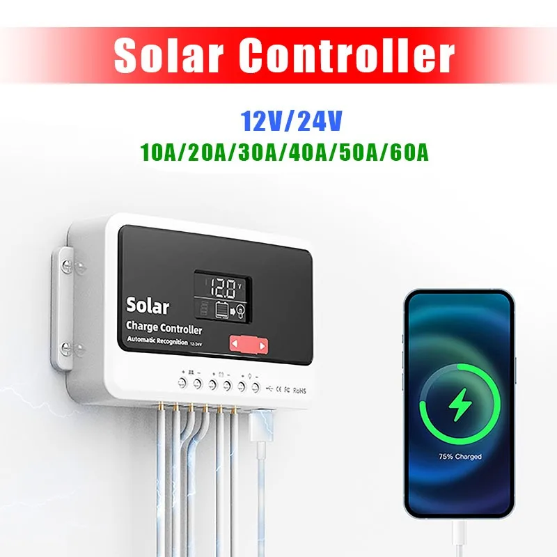 

12 В/14 В/48 В самоизоляционный солнечный контроллер 10A-60A контроллер заряда солнечной батареи двойной USB для свинцово-кислотных литиевых батарей