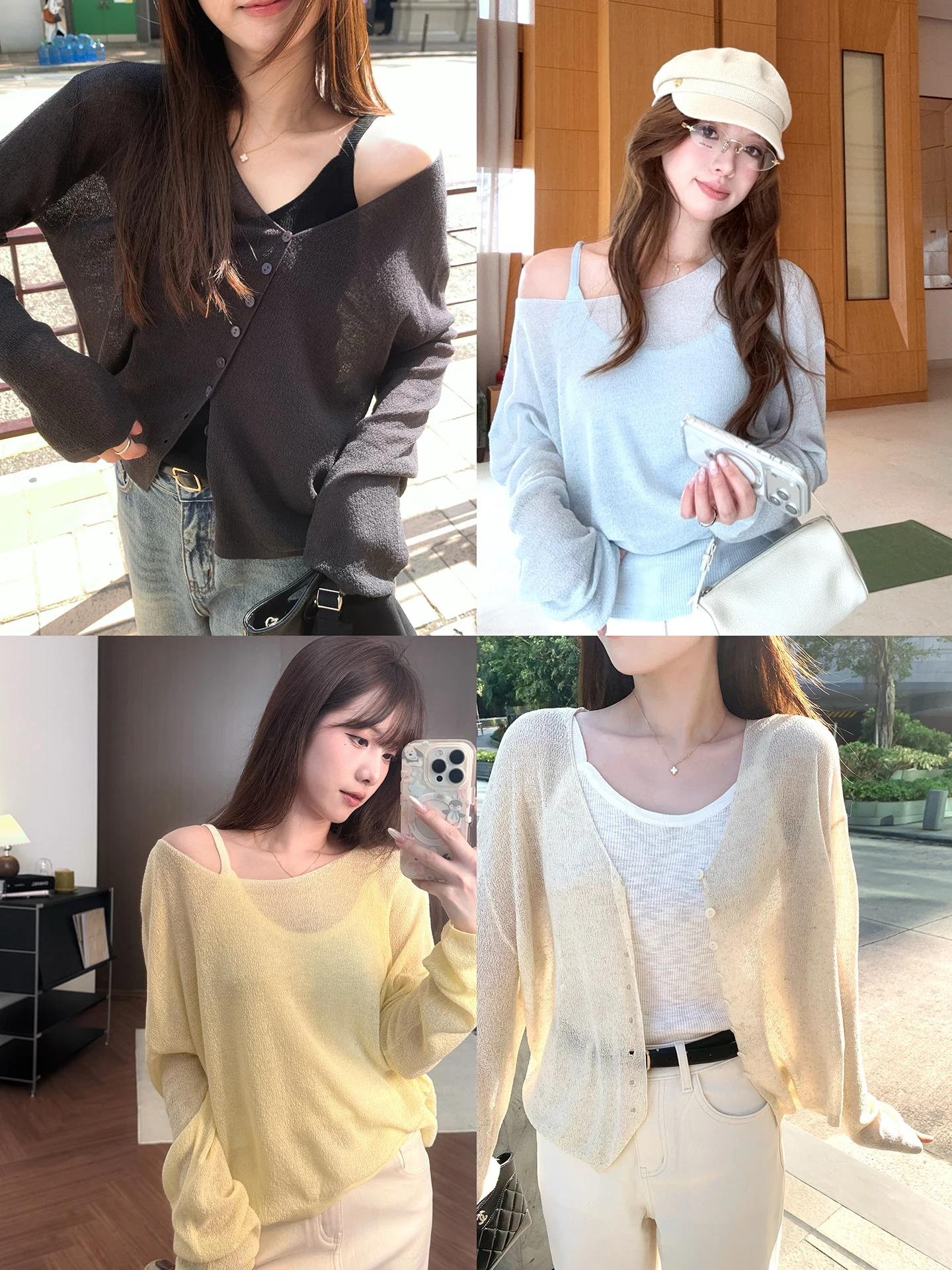 

HSTUDIO Lemon Cr Вязаный льняной кардиган с V-образным вырезом для женщин, летняя защита от солнца, верхняя одежда для кондиционированных помещений, свободный крой, длинный рукав