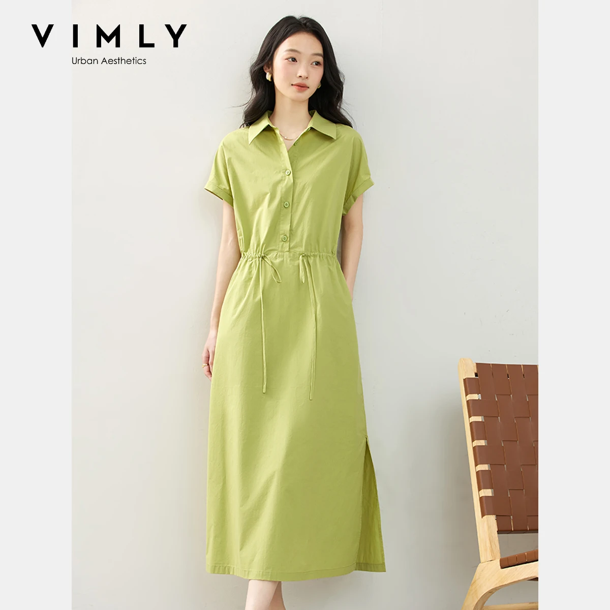 

VIMLY Matcha Green Long Polo Dress Casual Women's Summer 2025 100% Cotton Lace-up Drawstring Waist Straight Ladies Dresses A1810