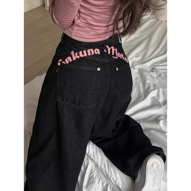 Casual Womens Jeans Y2K Letter Print Embroidered Wide Leg Jeans High Street Vintage Streetwear Fashion Sweet  Loose Trousers