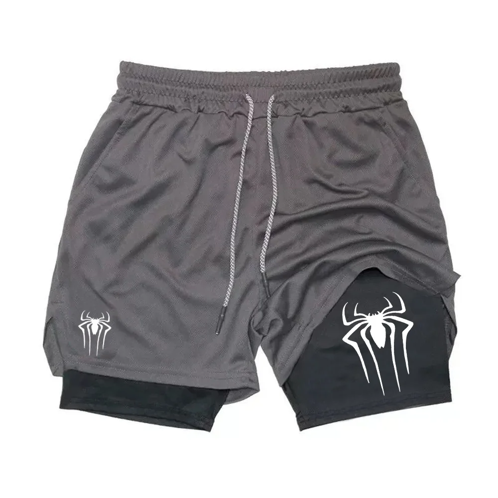 2024 Shorts for Men Summer Spider Printed GYM Casual Sports Compression Shorts Workout Running Mesh 2 in 1 Sport Short Pants