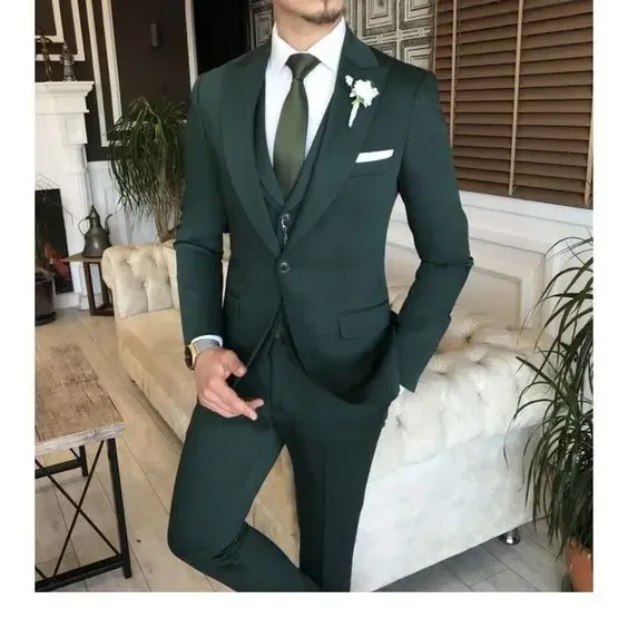 Dark Green Men's Suits 3 Pieces Set Slim Fit Business Groom Peaked Lapel Tuxedos For Formal Wedding Suit (Blazer+Vest+Pants)