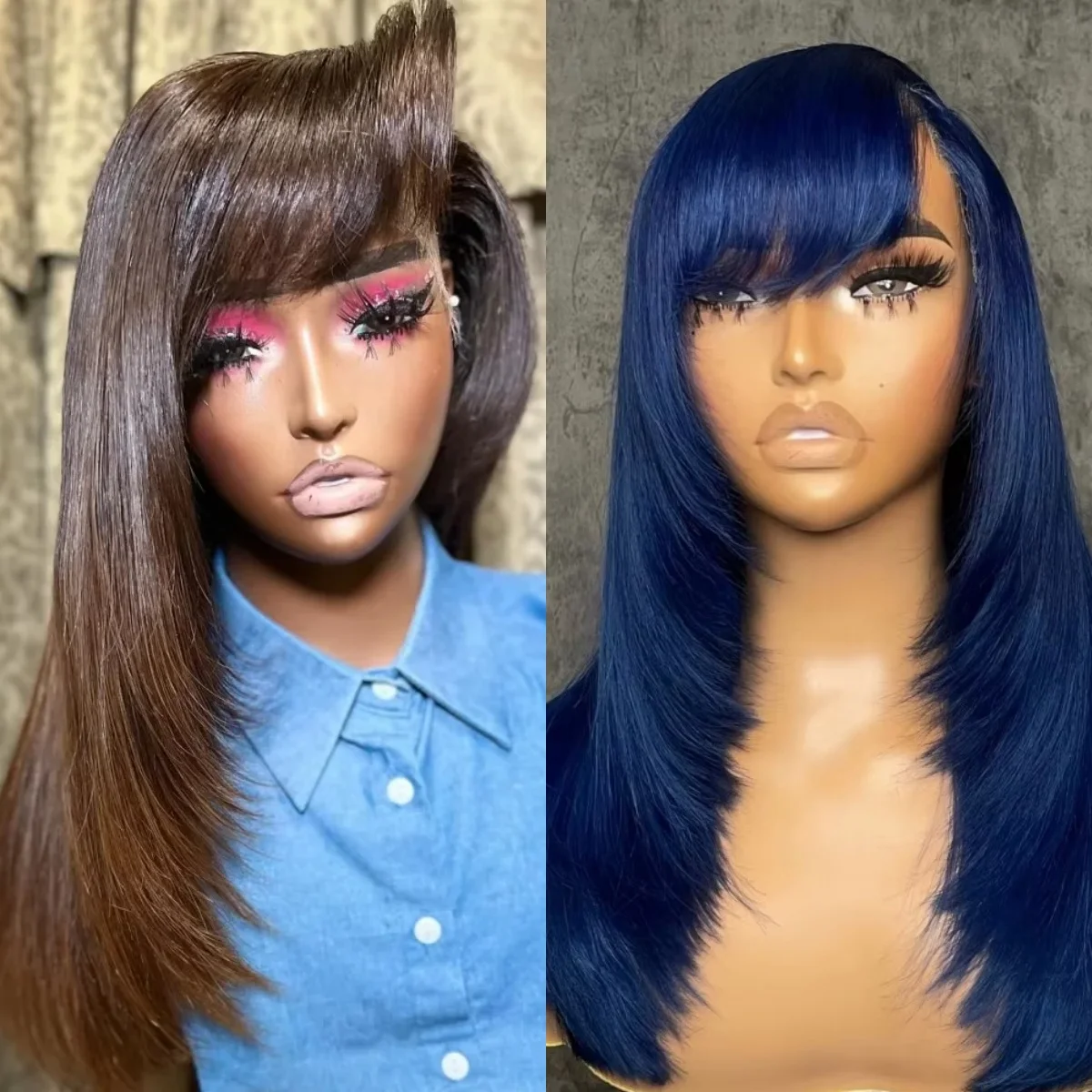 شعر مستعار بني الطبقات قطع مستقيم الدانتيل شعر مستعار أمامي مع الانفجارات الأزرق 13x4 HD الدانتيل الباروكة الأمامية الاصطناعية عالية الجودة ملابس يومية تأثيري #1