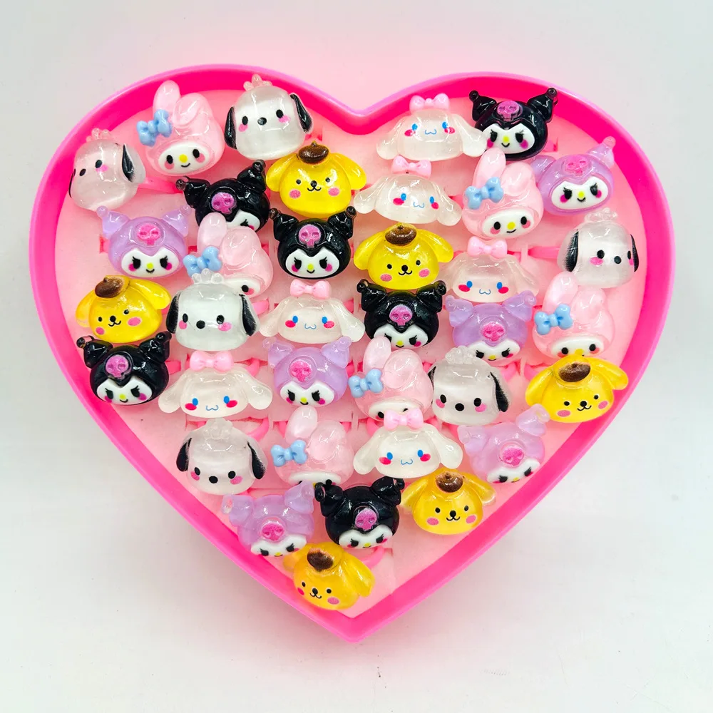 

36Pcs Set Sanrio Hello Kitty Kids Ring Kids Kuromi Adjustable Baby Rings Cartoon Children Girl Rings with Heart Box Party Gifts