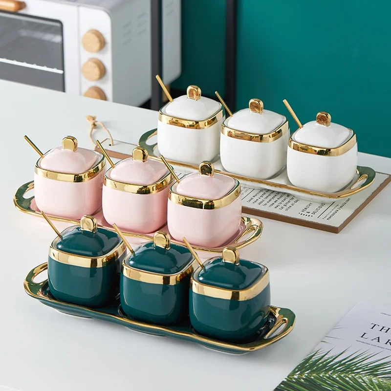 

Ceramic Salt Spice Jars Set Pepper Shakers Sauce Sugar Container with Spoon Organizer Boite Epices De Cuisine Storage Kitchen