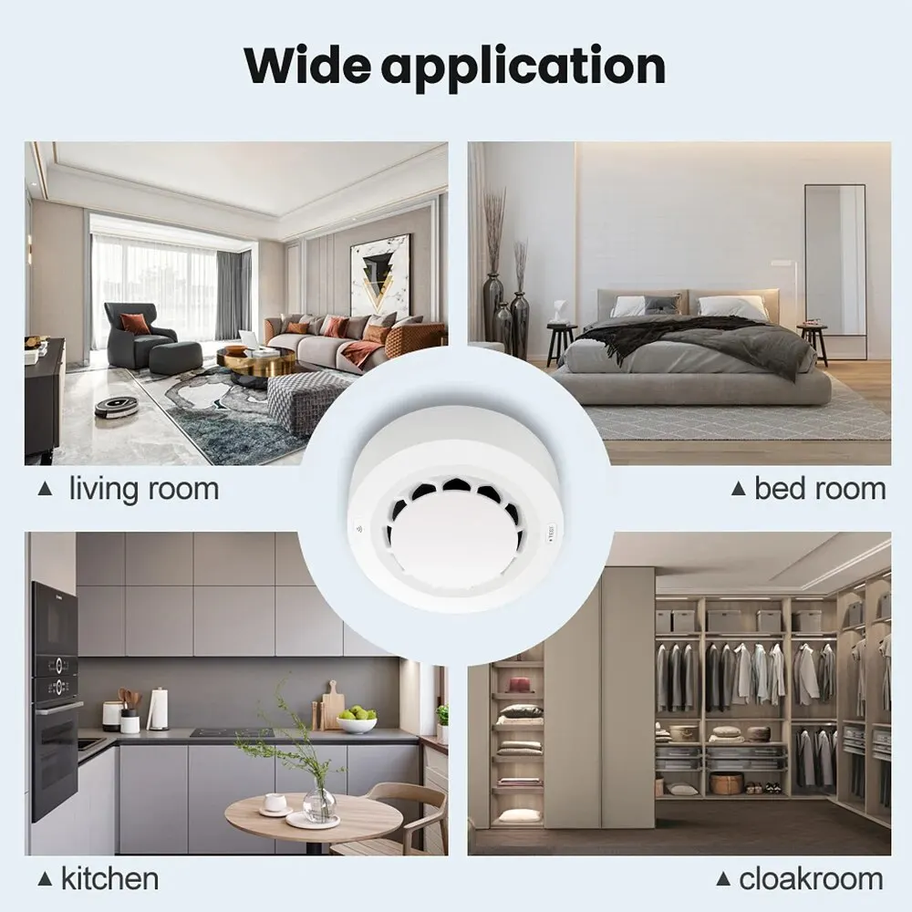 ONENUO Tuya WiFi Detector de humo Sensor fotoeléctrico alarma de incendio sistema de seguridad de cocina para el hogar funciona con la aplicación Smart Life