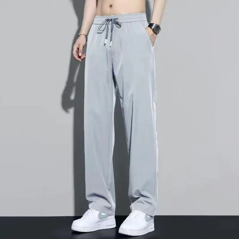 

Мужские летние брюки из тонкого ледяного шелка, свободные прямые драпированные спортивные повседневные длинные брюки с высокой талией, прямые брюки из полиэстера...