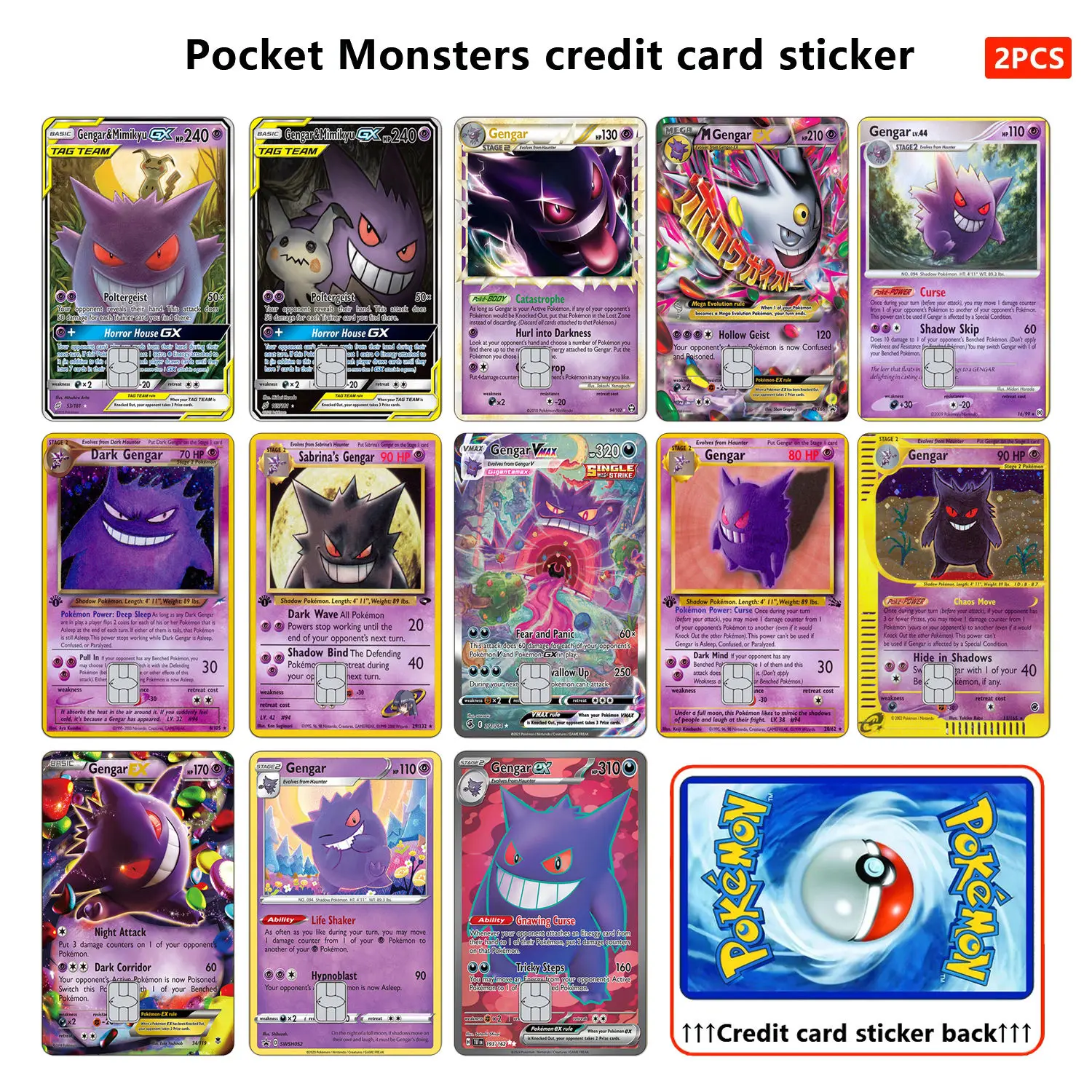 Gengar Series Credit Card Skin Sticker PTCG Stickers No Adhesive Residue for VISA Credit Card Debit Women Beautify Decoration