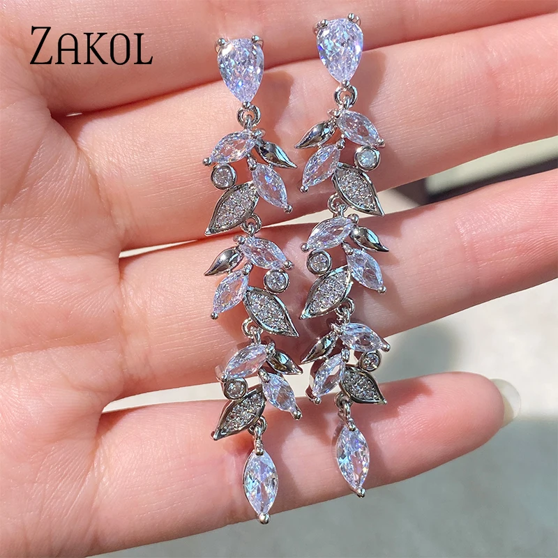 ZAKOL Exquisite Gold Color Leaf Drop Earrings for Women Tiny Cubic Zirconia Dangle Earring Elegant Korean Bridal Wedding Jewelry