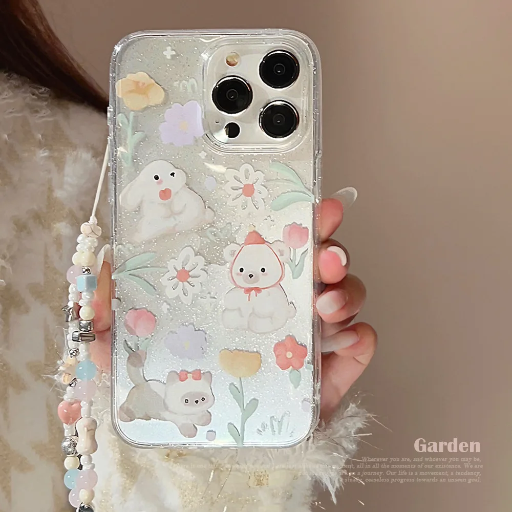 

Нишевый прозрачный чехол для мобильного телефона с милыми блестящими животными и цветами с цепочкой для iPhone15/16, чехол для телефона с защитой от падения для iPhone14/13