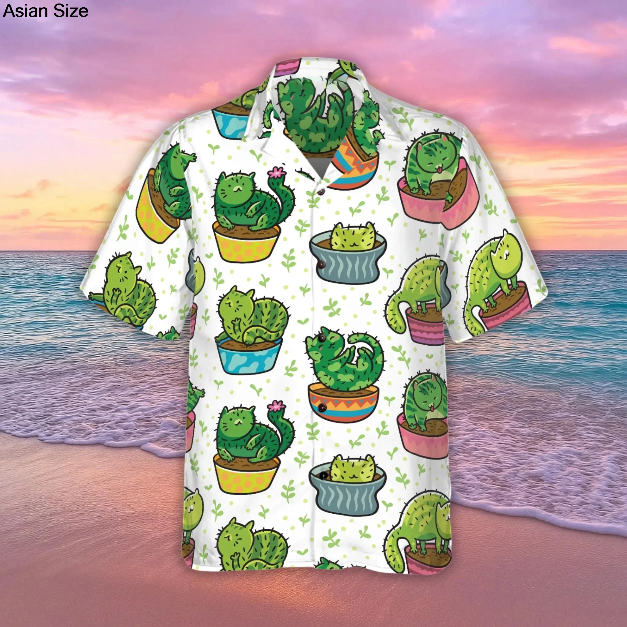 Cactus Cats Hawaiian Shirts Cute Summer Holiday Outfit For Men And Women, Cat Lovers Button Up Shirt, Beach Vacation Outfit Tops