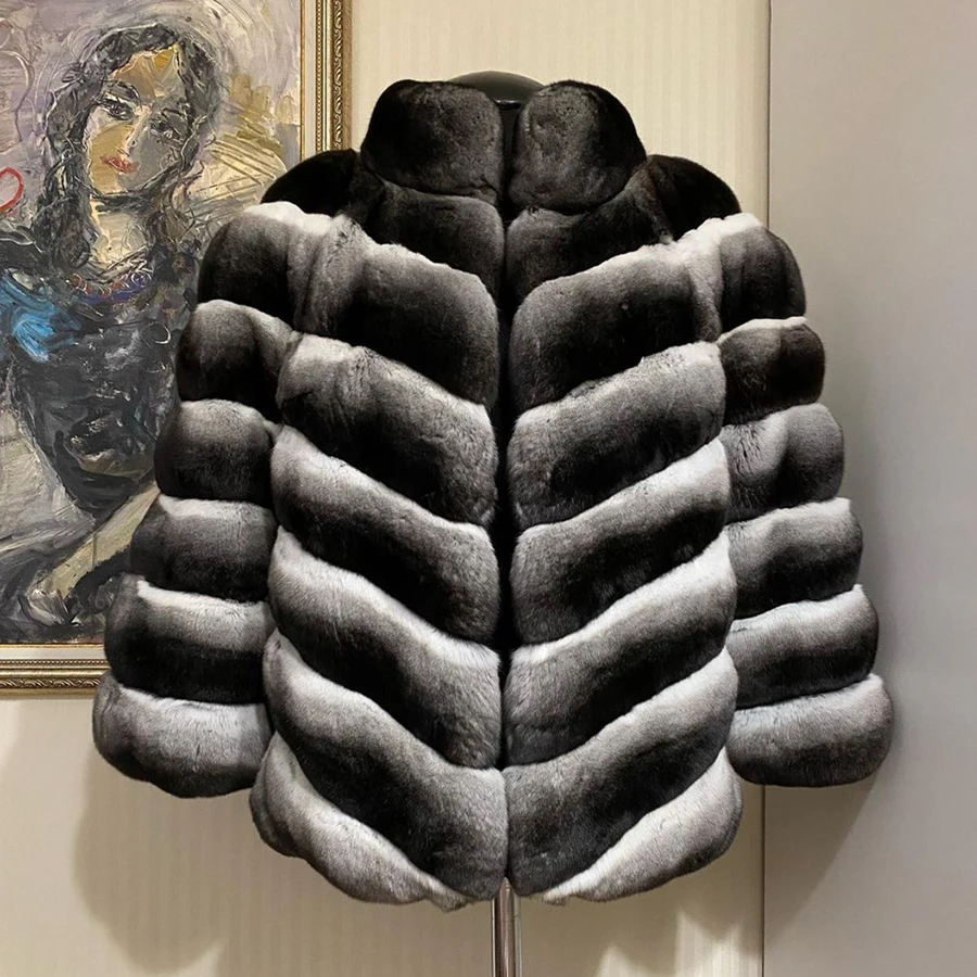 Chaqueta de piel de invierno para mujer, abrigo de piel de conejo Rex auténtica, abrigo de piel de conejo de longitud media, alta calidad de lujo