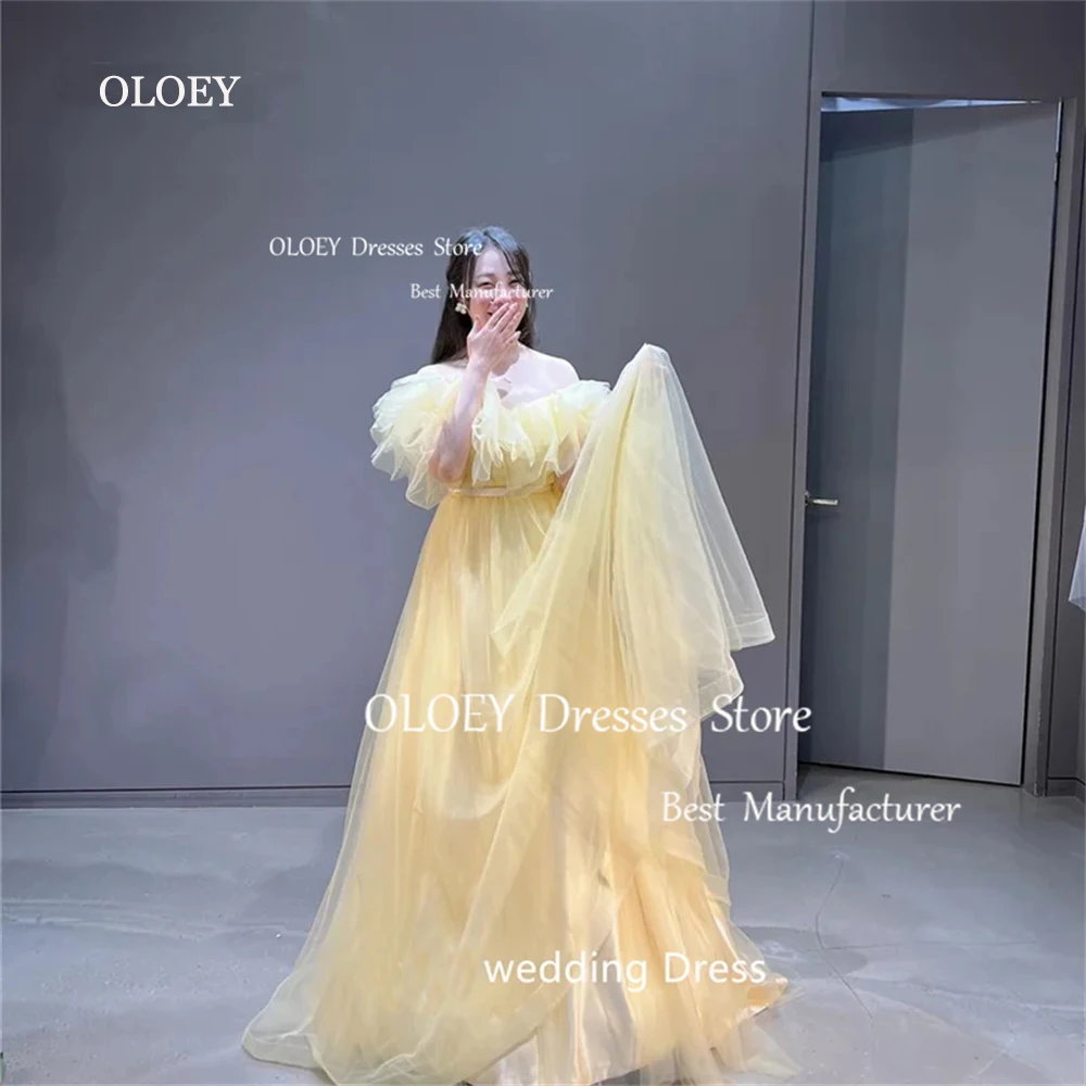 

OLOEY Korea Fairy Yellow Prom Dress Off Shoulder Wedding Photography Dresses A Line Short Sleeves Organza Custom Made Corset