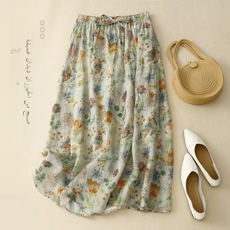 Japanese Sle Double Layer Floral Cotton Linen Midi Skirt Women Summer Fairy T Trendy High Waist A-Line Skirt