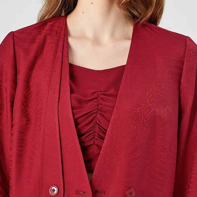 VOA 100% pur mûrier soie Jacquard vin rouge col en v à manches longues coupe-vent deux boutons ceinture ample droite Trench manteau FE376