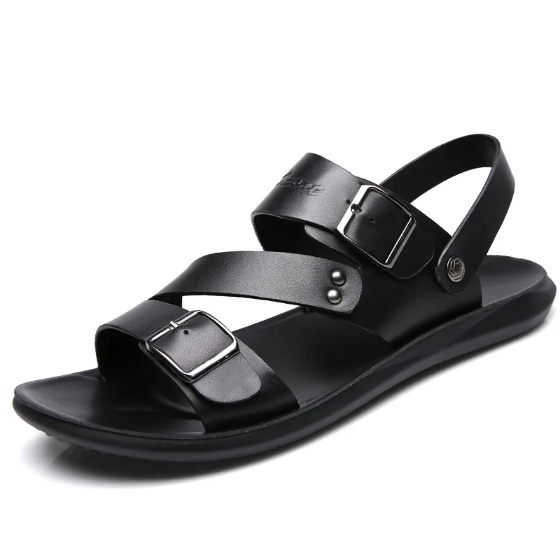 

Big Size Fashion Casual Leather Sandals for Men Solid Color Buckle Beach Shoes Male Soft Sole Dual-use Slipper Shoes Man
